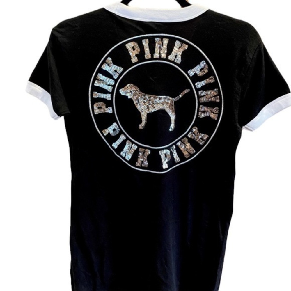 EUC PINK Sequin Short Sleeve Tee Black Silver XS